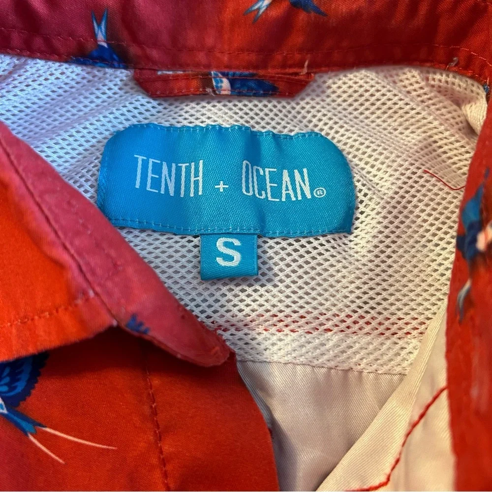 Tenth + Ocean red with blue birds short sleeve button down shirt size S summer